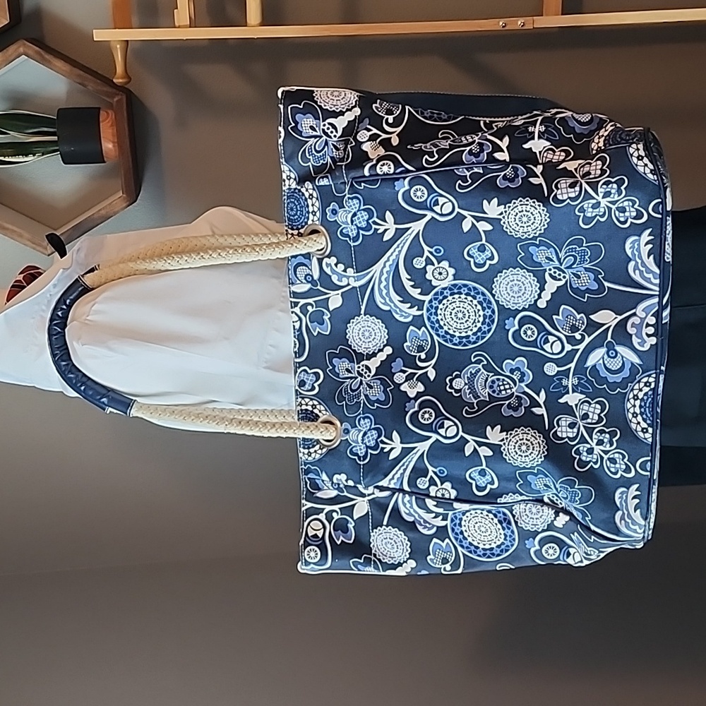 Blue Floral Canvas Tote Bag with Rope Handles